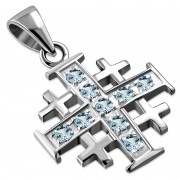 Blue Topaz CZ Jerusalem Cross Silver Pendant, p452
